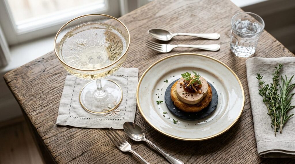 Overhead flat lay of a champagne glass filled with sparkling