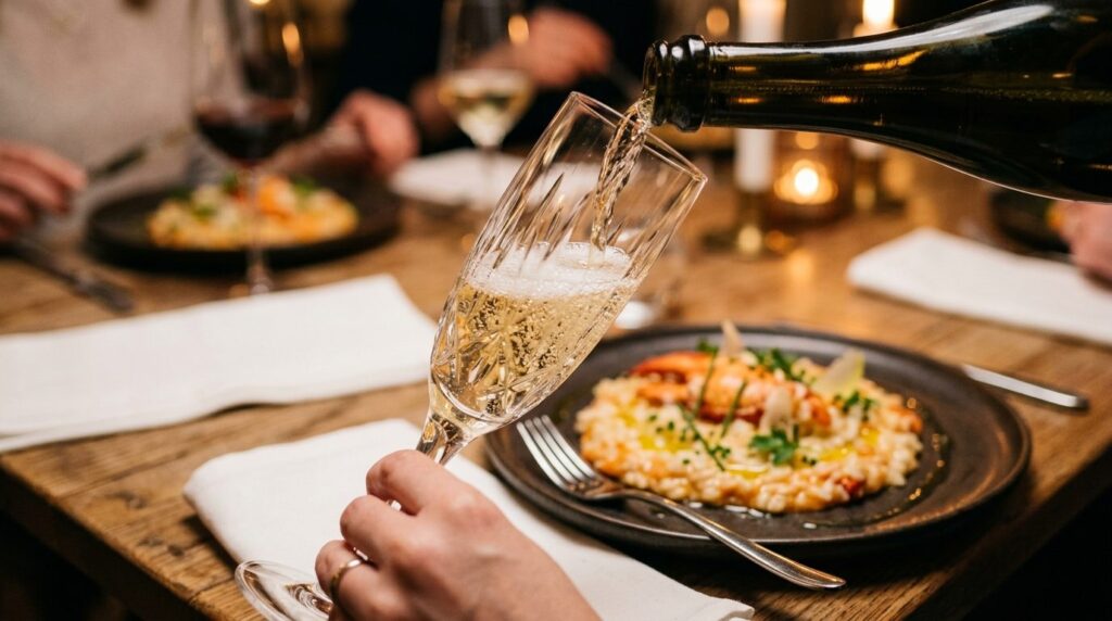 Close-up detail shot of champagne being poured into a crysta
