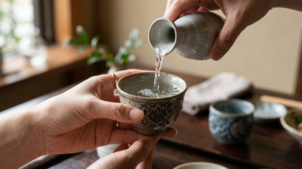 Close-up detail shot of delicate Japanese porcelain sake cup