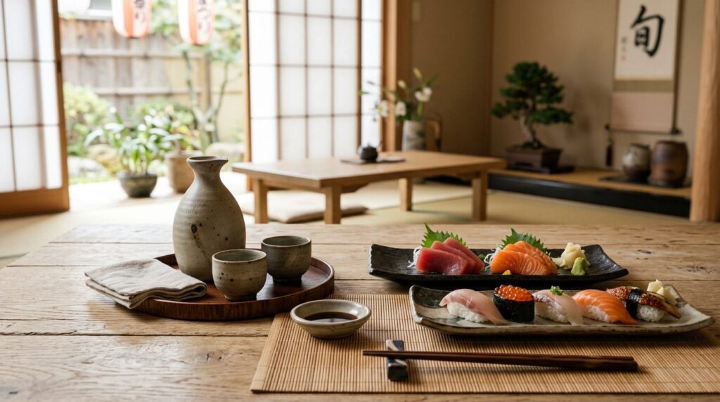 Elegant table setting for authentic Japanese sake tasting ex