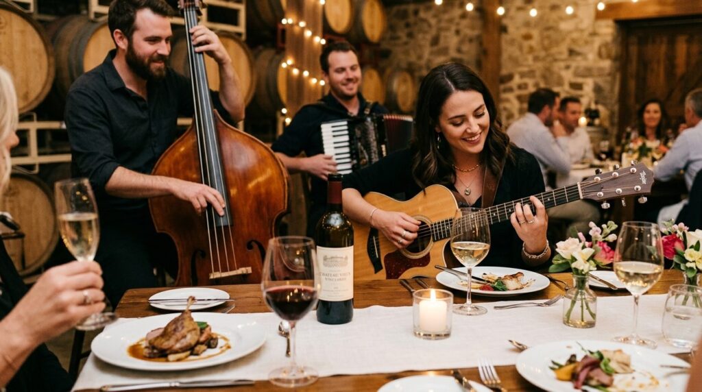 Close-up detail of a live band performing at a gourmet dinne