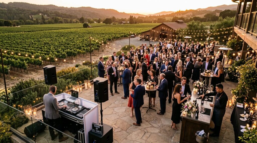 Aerial view of wedding guests mingling on a vineyard terrace