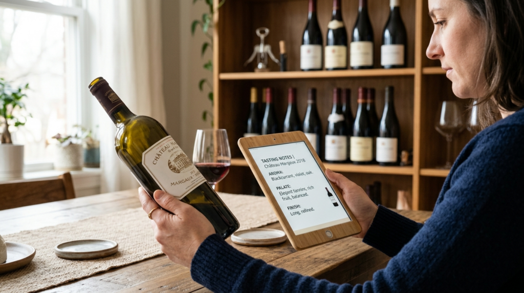 Close-up of a customers hands holding a wine bottle while r