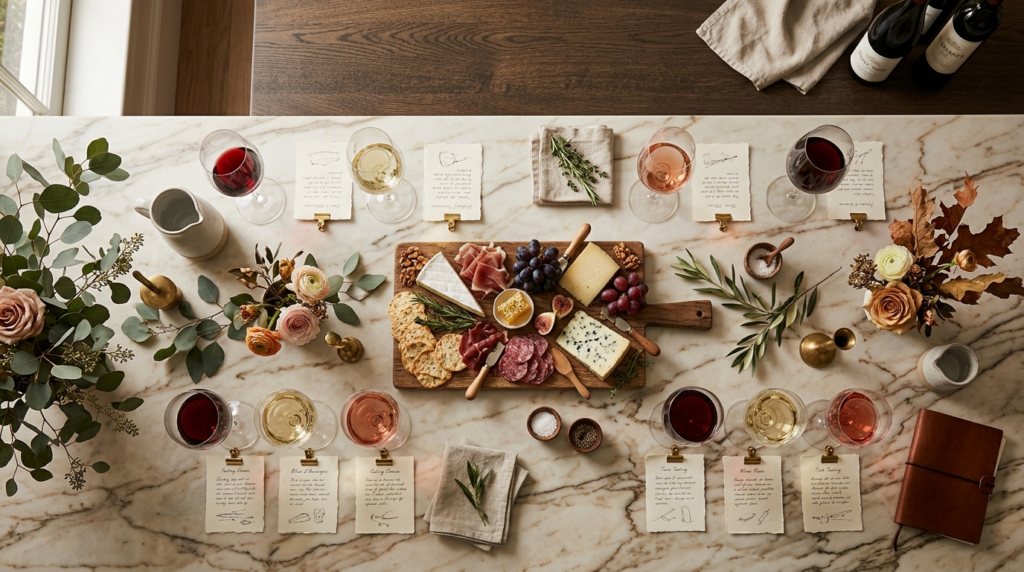 Overhead view of a wine tasting experience: multiple wine gl