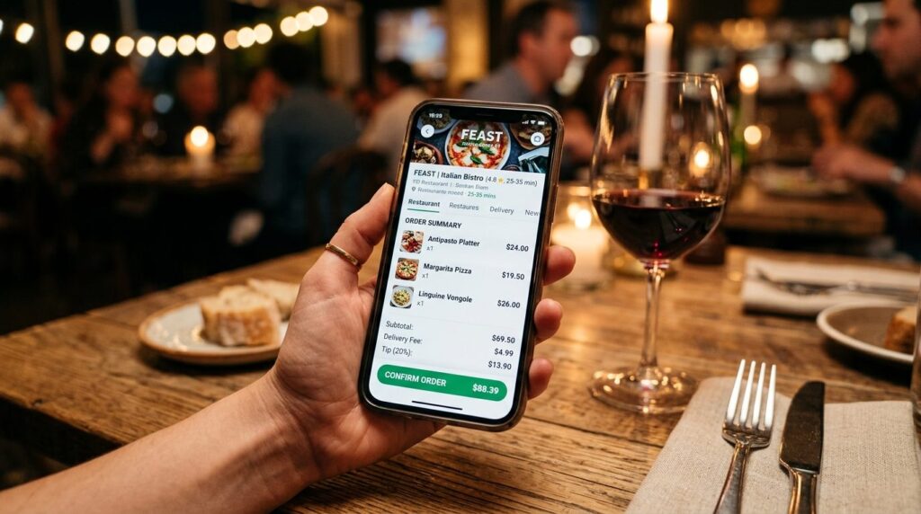 Close-up of smartphone displaying food delivery app interfac
