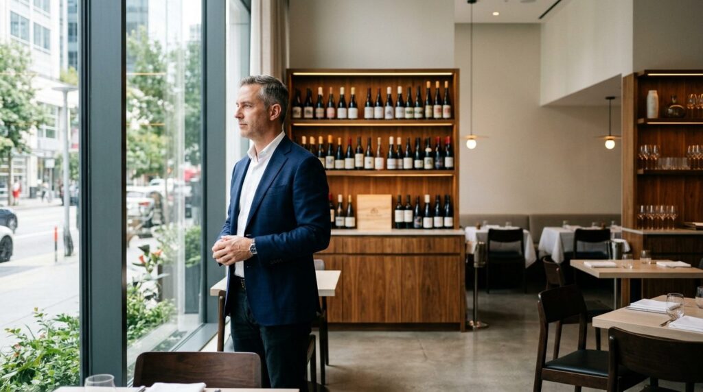 Restaurant owner standing in elegant dining room looking tho