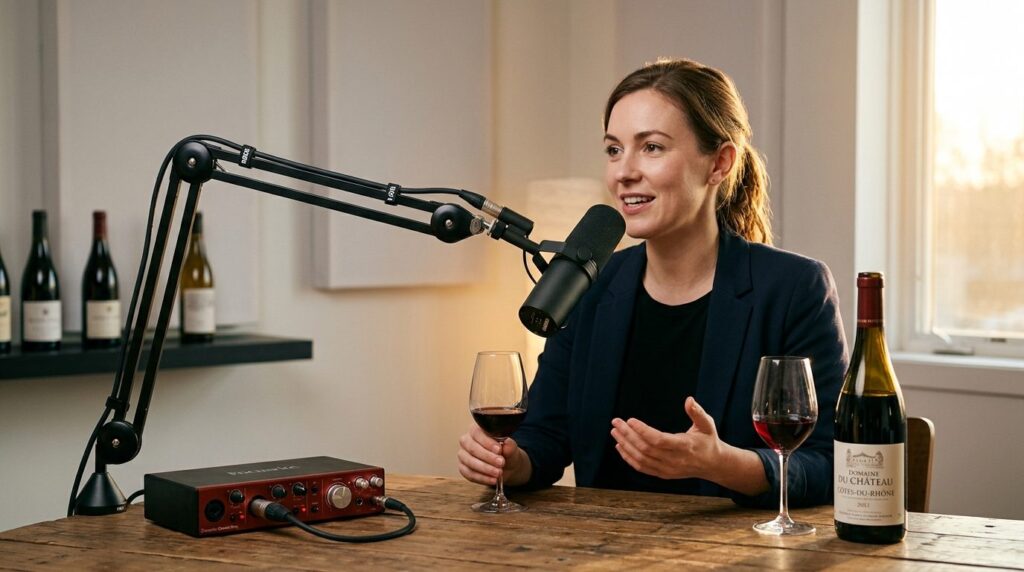 Wine sommelier speaking into professional studio microphone