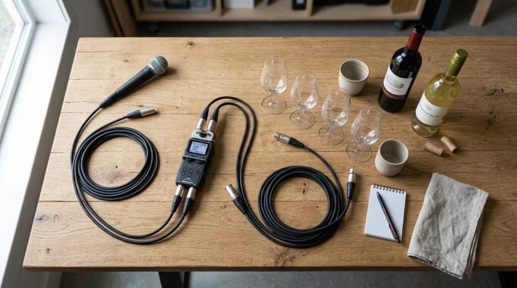 Overhead flat lay of professional XLR audio cables arranged