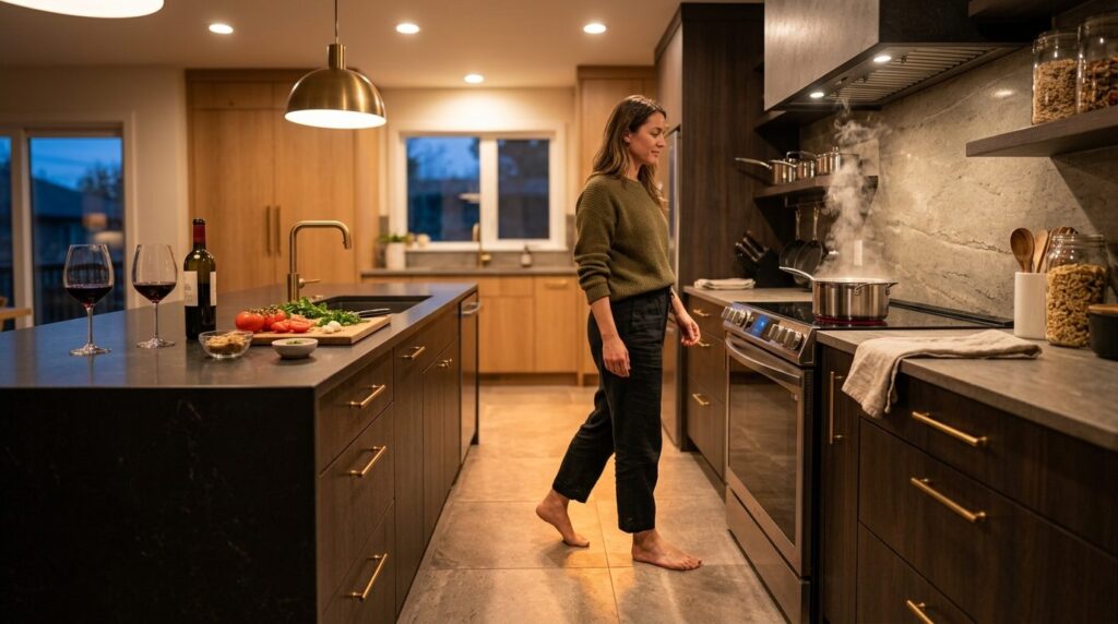 Contemporary home kitchen scene with barefoot person walking