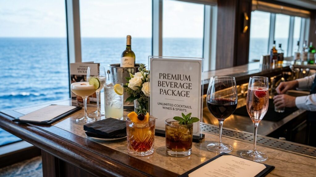 Close-up of an upscale cruise ship beverage package display