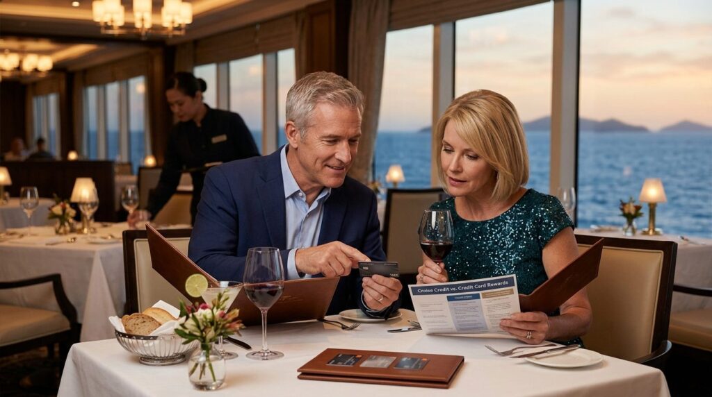 Middle-aged couple at a cruise ship dining table comparing p