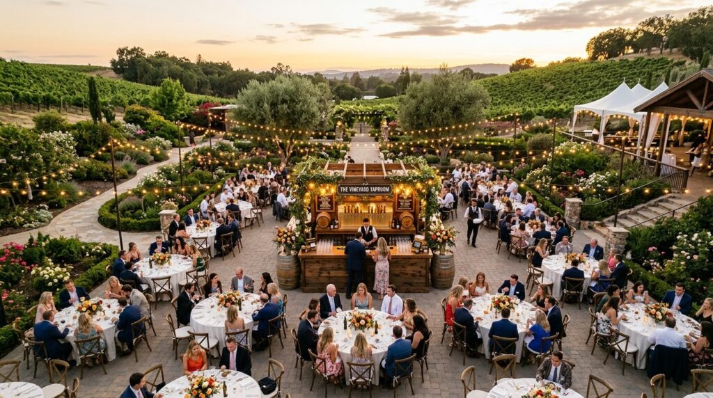 Wide overhead view of a sophisticated outdoor summer celebra