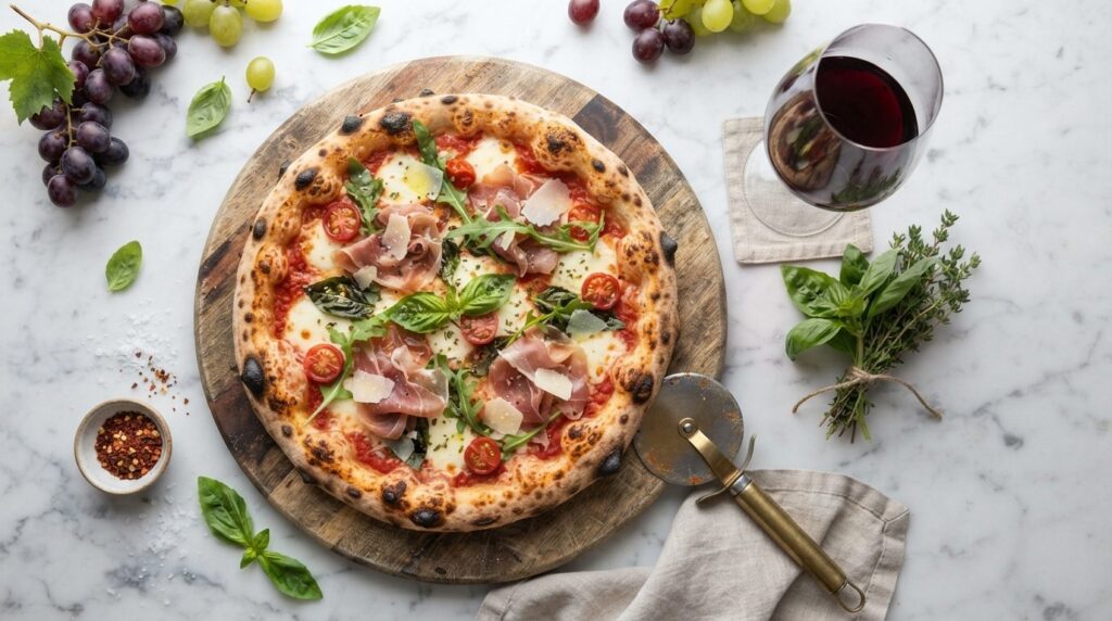 Flat lay food photography: Artisanal pizza with charred crus