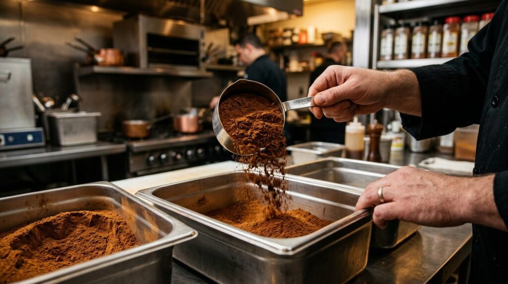 Close-up shot of premium ground cinnamon being measured and
