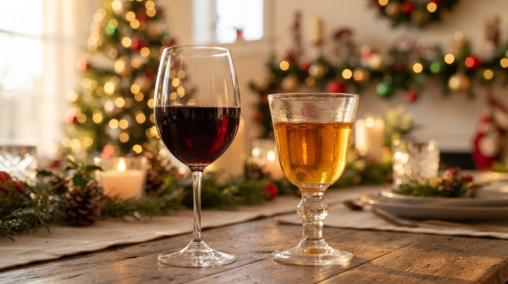 Close-up side-by-side tasting shot: a crystal wine glass wit
