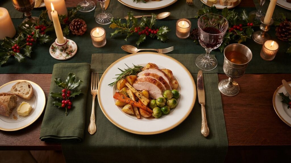 Elegant Christmas dinner table setting photographed from abo