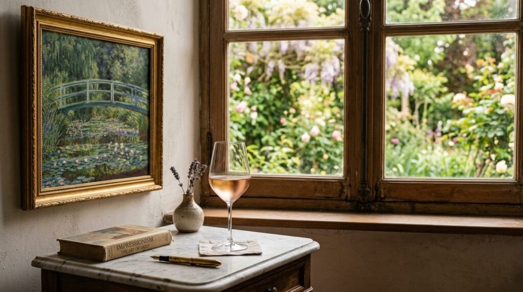 Photorealistic close-up of a Monet-inspired interior corner: