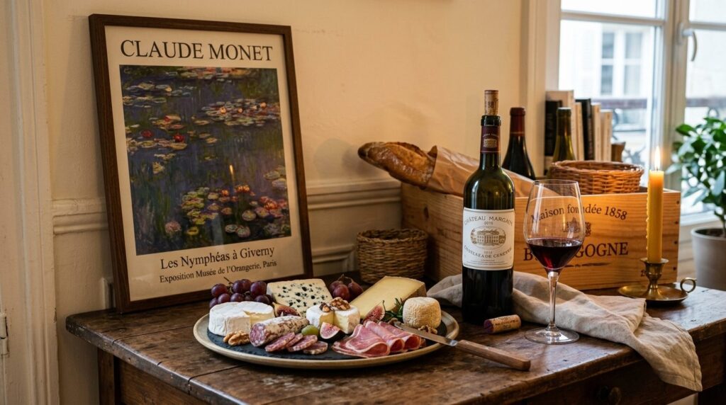 Photorealistic still life of French wine and gastronomy: a p
