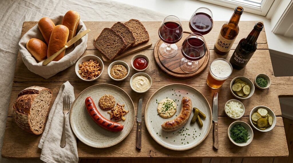 Overhead flat-lay composition of curated Danish pølsevogn ex