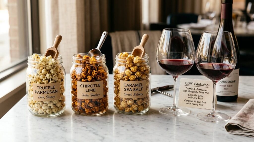 Close-up of artisanal gourmet popcorn varieties in glass jar