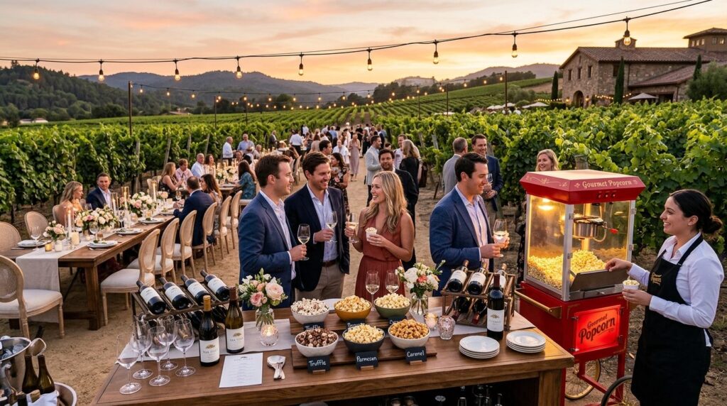 Wide angle of a sophisticated wine and popcorn tasting event
