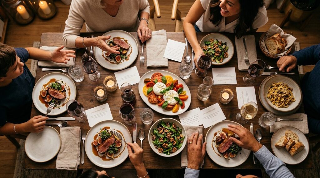 Overhead flat-lay composition of an elegant dining table wit