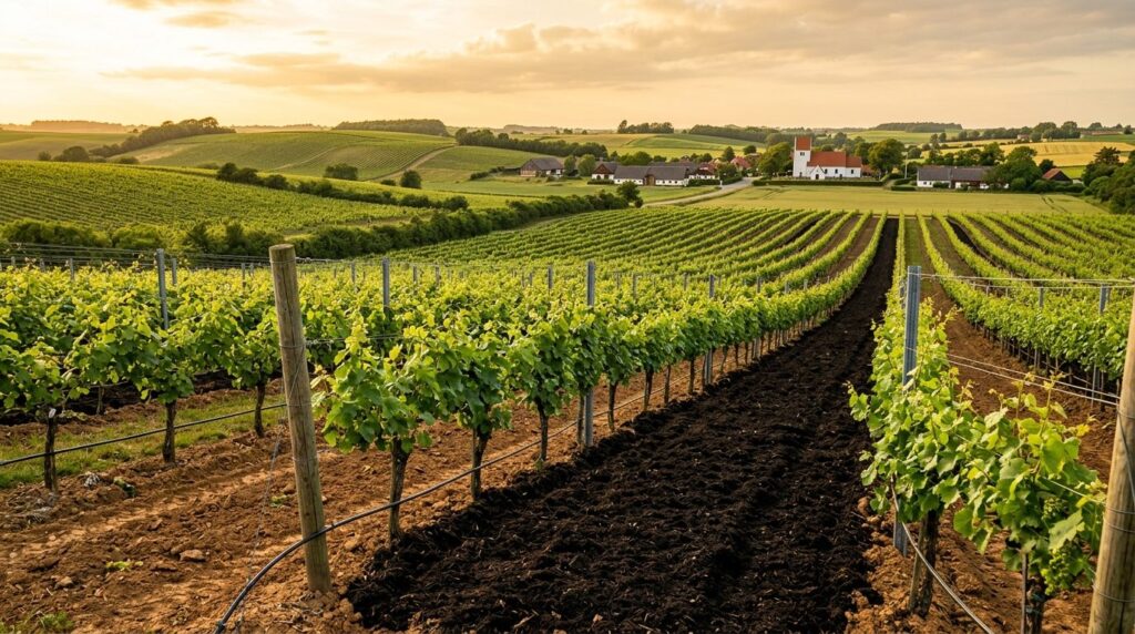 Wide landscape shot of premium grapevines growing in vineyar