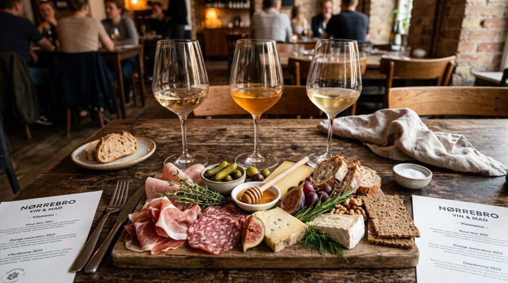Overhead flat lay of a wine pairing experience with three di