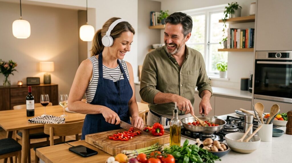 Modern kitchen or dining room scene with a couple in their 4