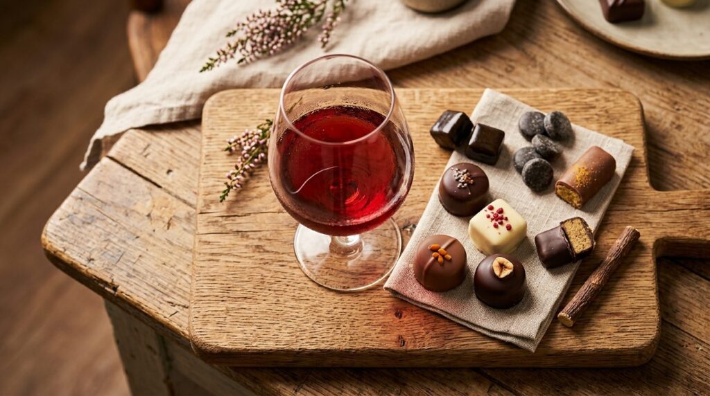 Close-up overhead shot of a wine glass filled with Danish wi
