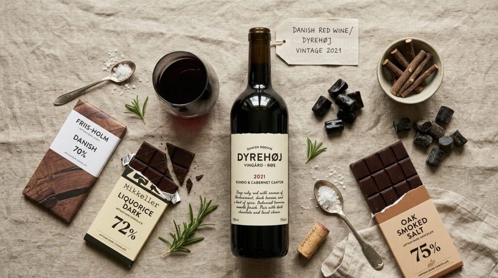 Flat lay composition of Danish wine bottle with tasting note