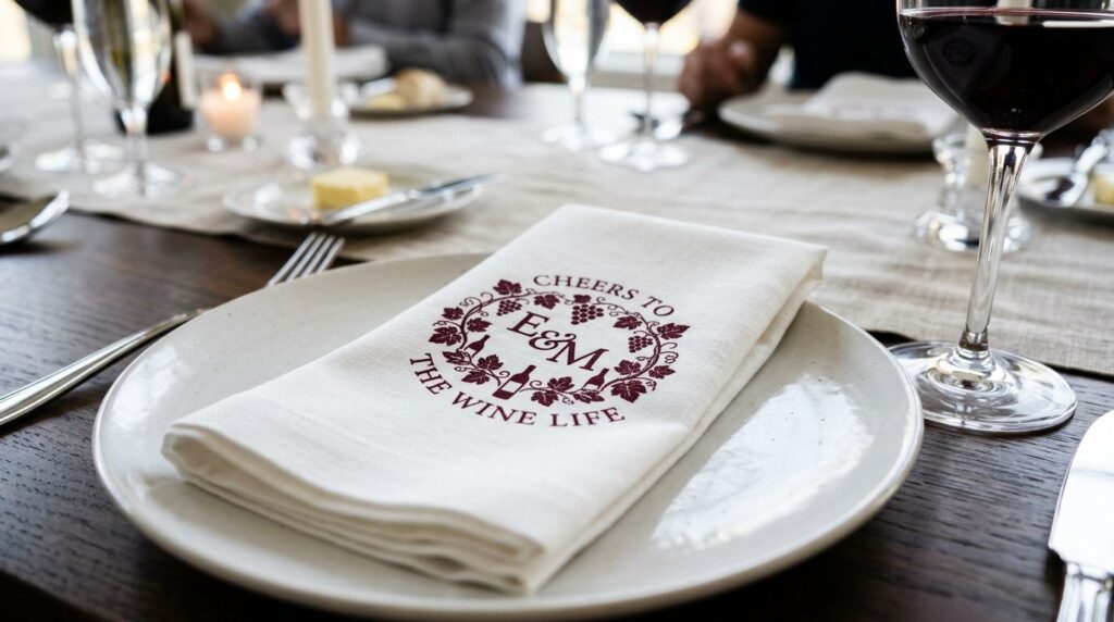 Close-up detail of personalized printed napkin with wine-the