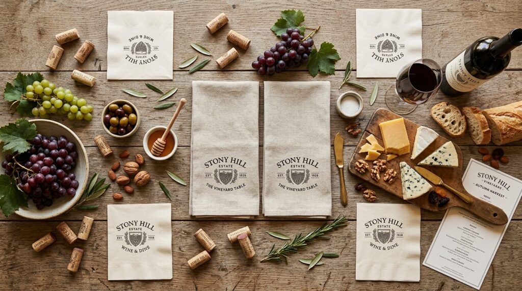 Overhead flat lay of custom printed napkins arranged on a wo