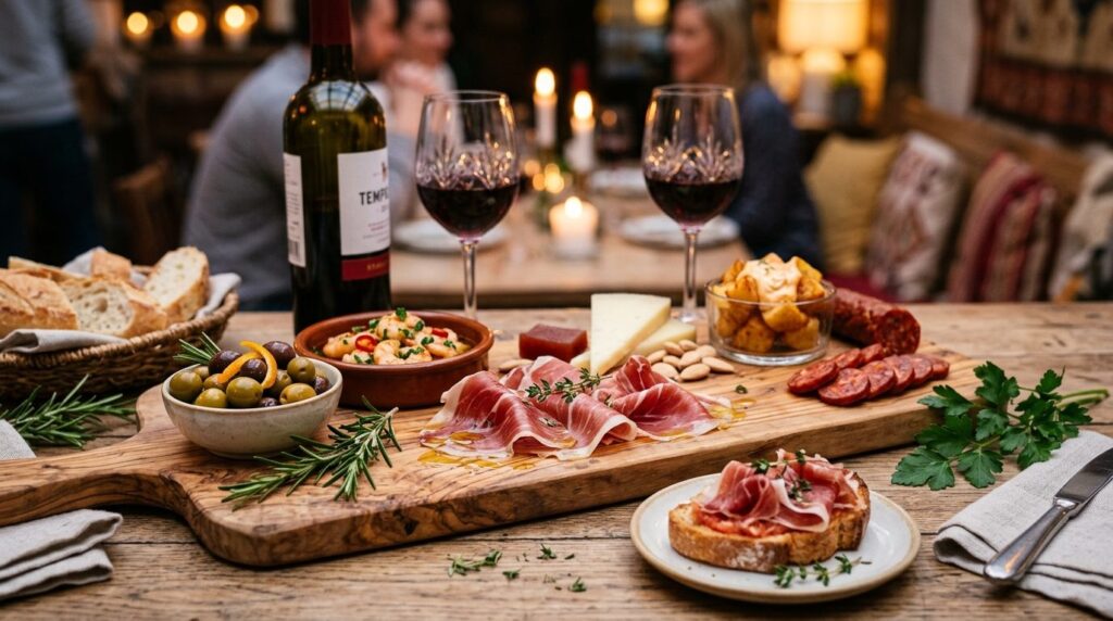 Elegantly plated Spanish tapas spread on a wooden serving bo