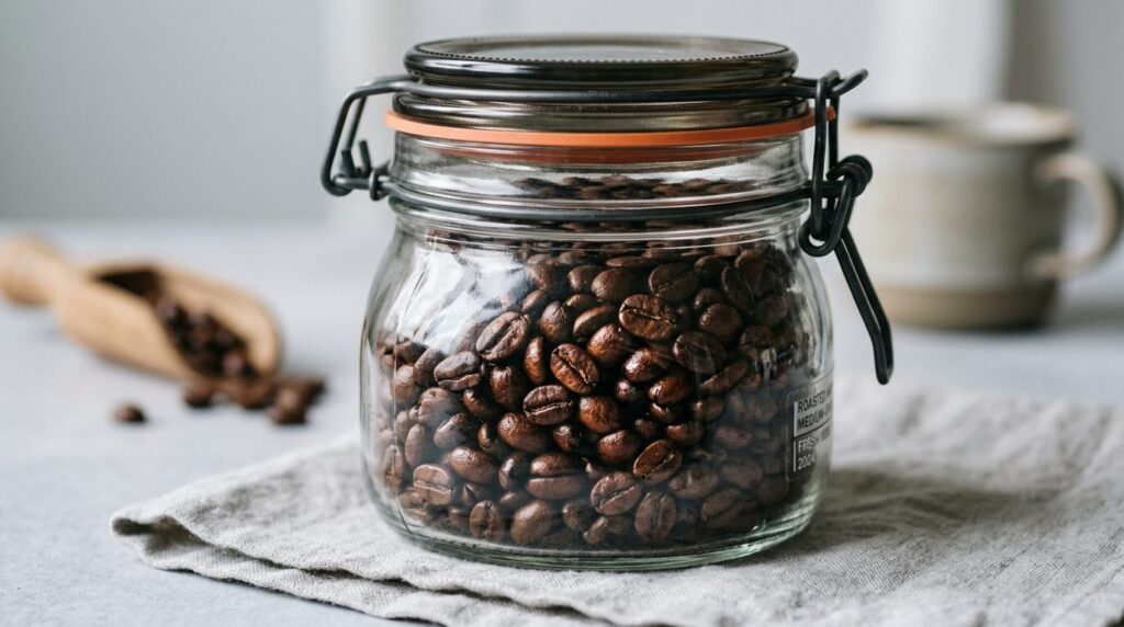 Detailed close-up photograph of freshly roasted coffee beans