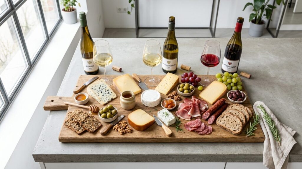 Overhead flat lay photography of a carefully curated wine an