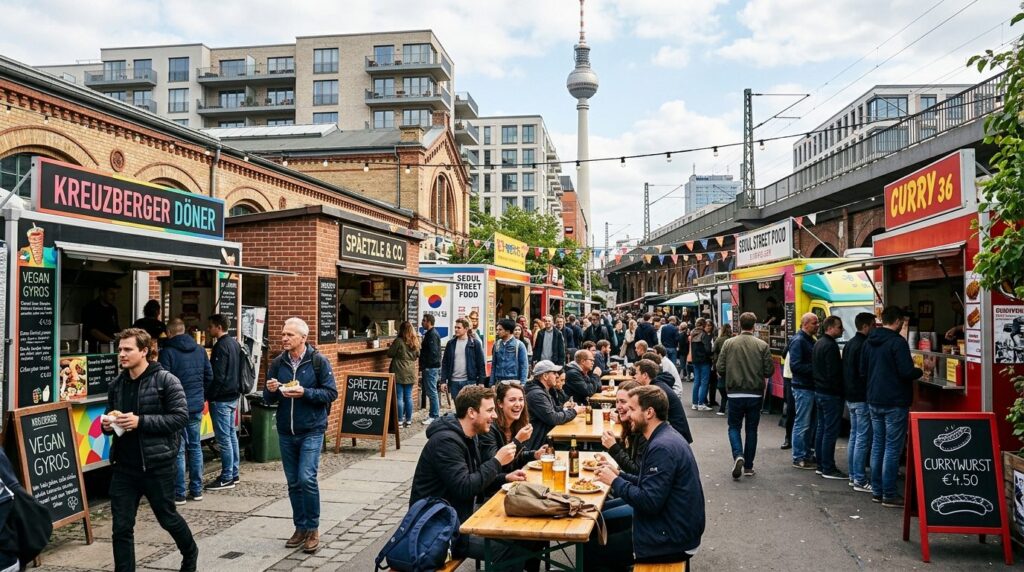 Vibrant street food scene at a Berlin food market, featuring