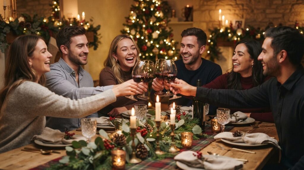 Professional lifestyle photography of friends toasting with