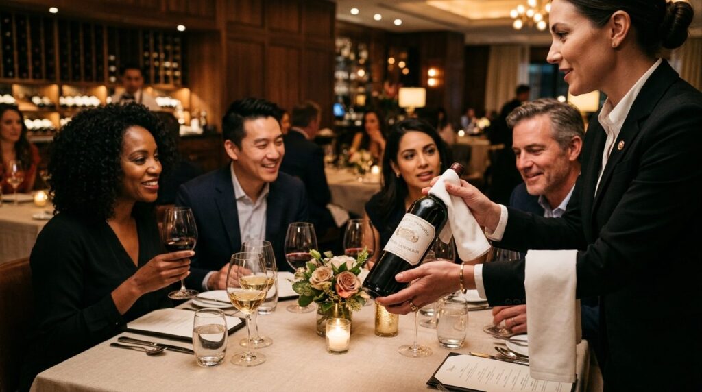 Sophisticated sommelier hands presenting a bottle of red win