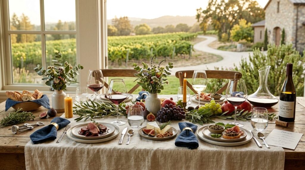 Beautifully curated wine evening tablescape with multiple wi