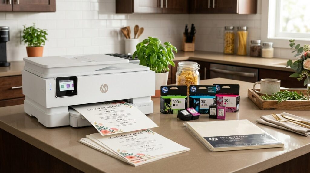 Photorealistic scene of modern home printer with high-qualit