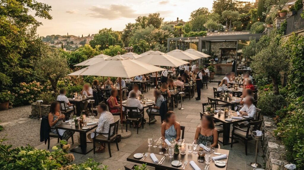 Elevated view of sophisticated outdoor restaurant seating ar