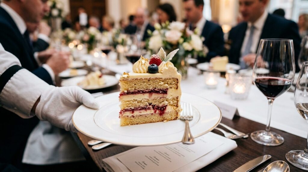 Close-up of a beautifully cut slice of layered celebration c