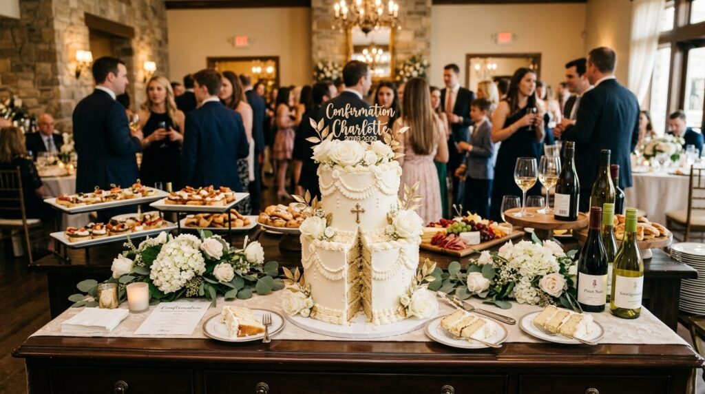 Wide shot of a stunning decorated cut cake displayed on a bu