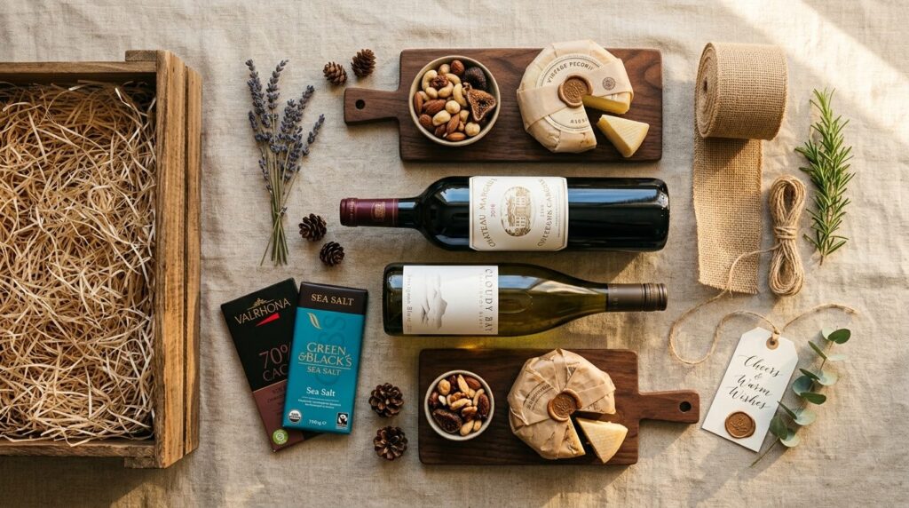 Close-up flat lay of curated wine gift basket components inc