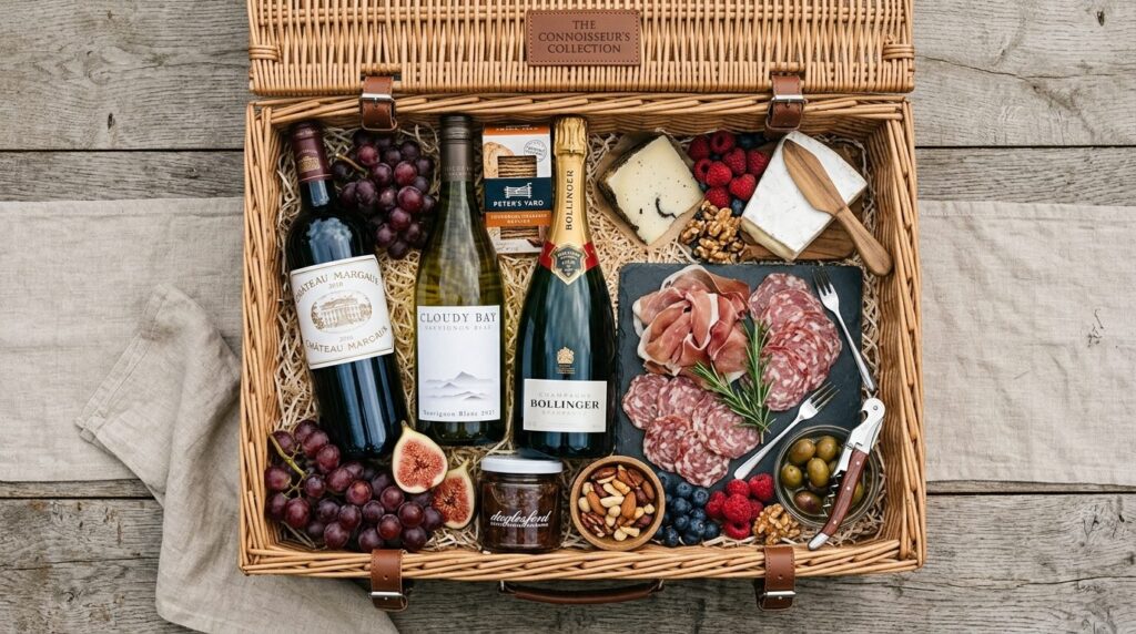 Overhead view of a sophisticated wine hamper basket with car