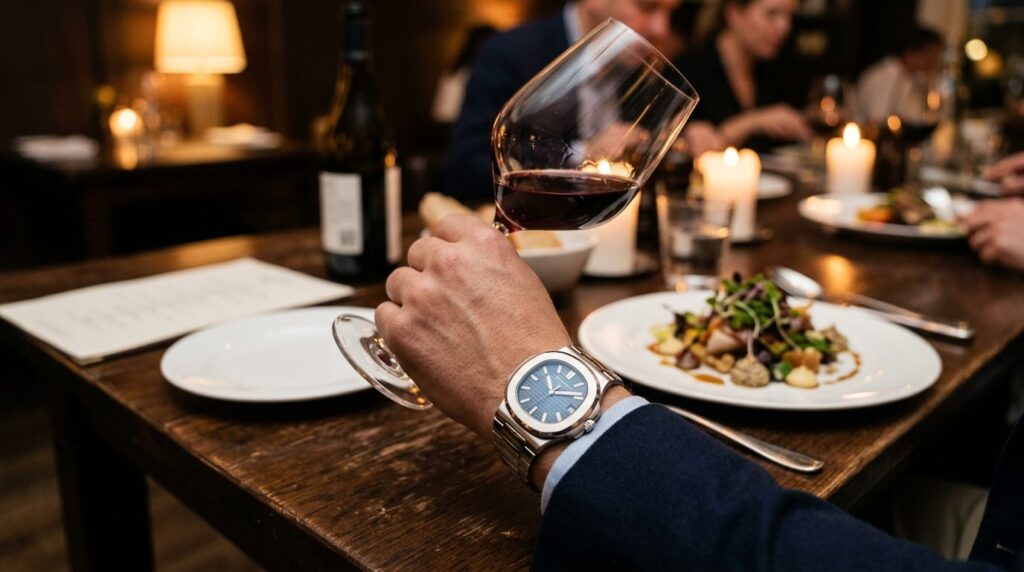 Close-up flatlay of an elegant unisex wristwatch on a wrist 